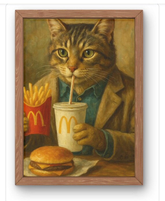 Tabby Cat in Suit With Fast Food Whimsical Vintage Style Poster