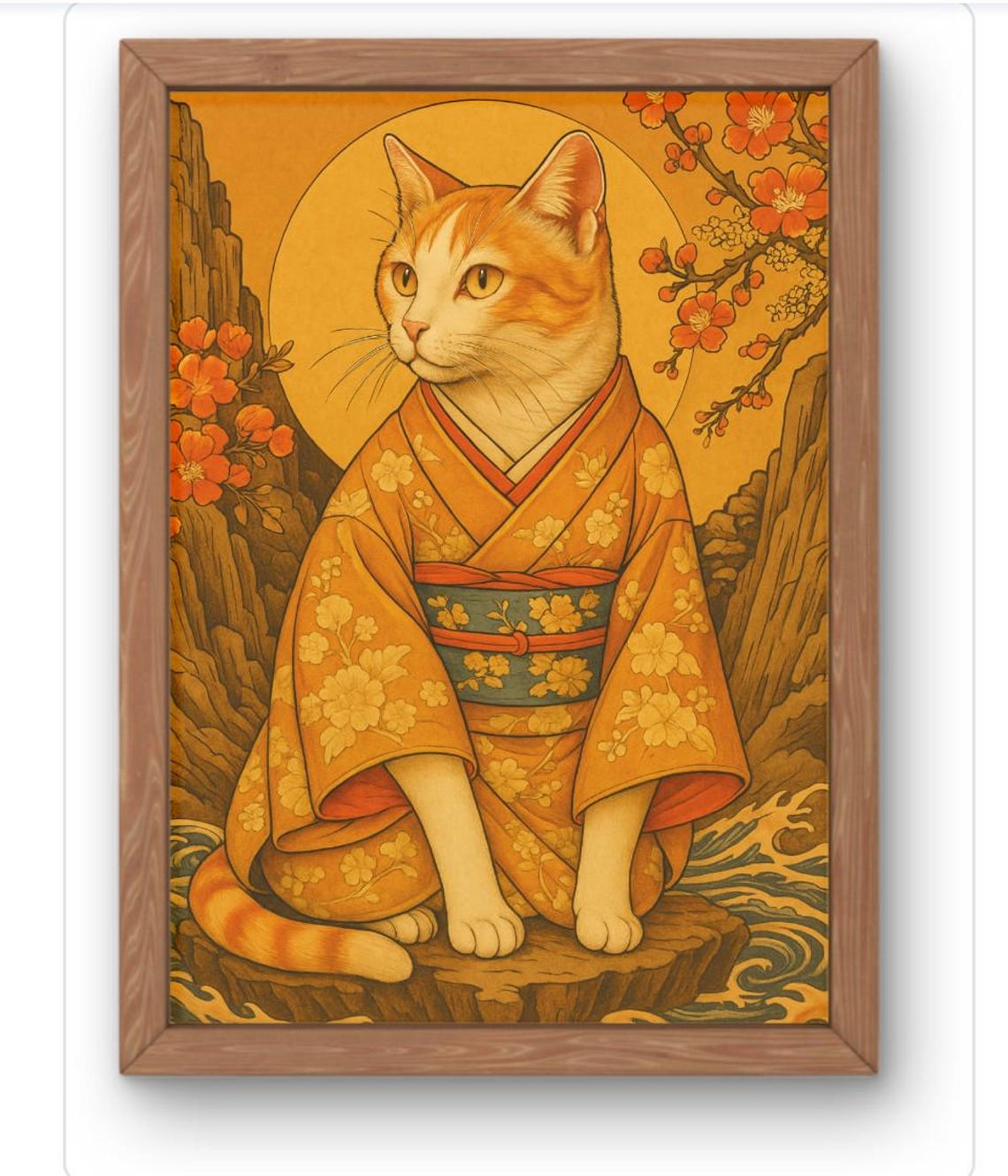 Kimono Cat In Floral Robe Cherry Blossom Japanese Art Poster