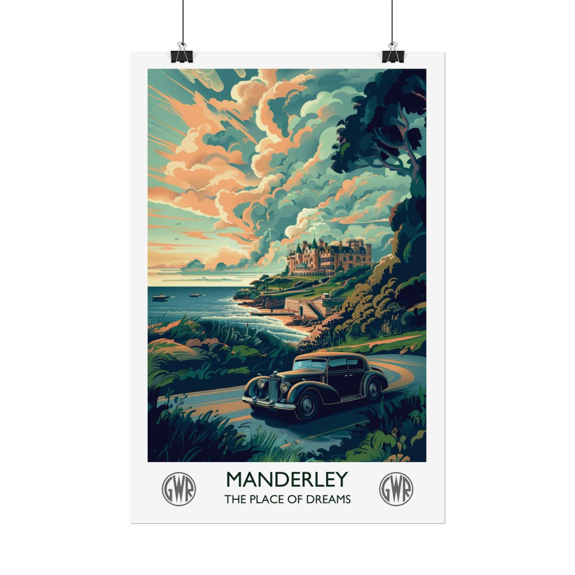Manderley Coastal Mansion Vintage Car Literary Travel Poster - Image 3