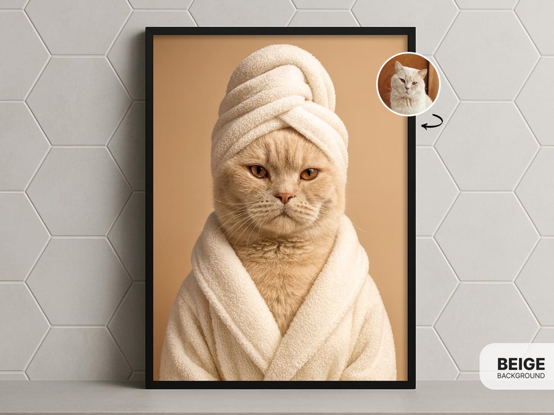 Spa Day Cat Wearing Towel Robe Funny Custom Pet Portrait Print