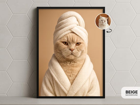 Funny Spa Pet Portrait Custom Dog Or Cat Art In Towel Robe
