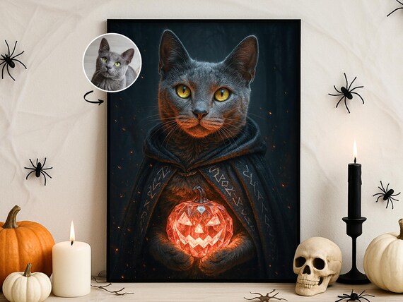 Halloween Custom Pet Portrait Pumpkin Sorcerer Wall Art Dark Fantasy Dog Cat Poster