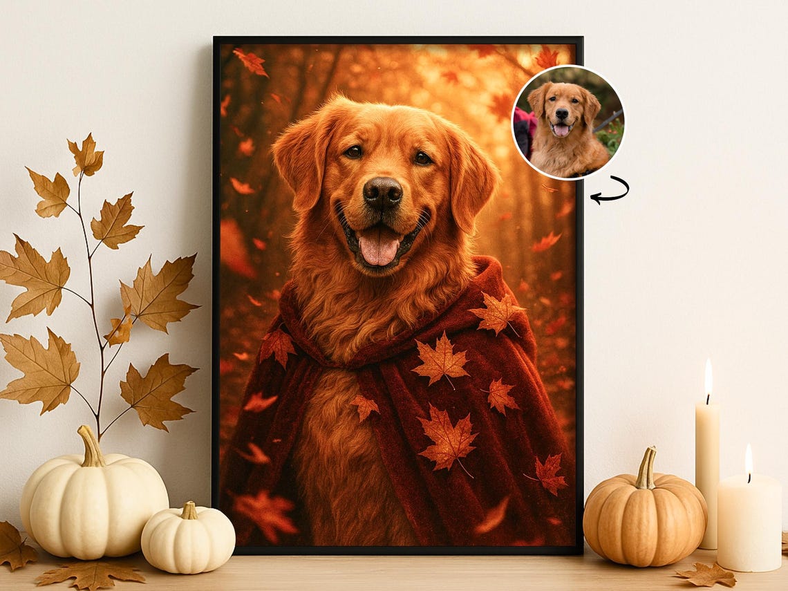 Custom Fall Pet Portrait Autumn Leaves Dog Cat Art