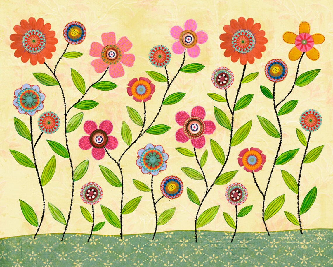 Cheerful Row Of Whimsical Collage Flowers On Cream Art Poster