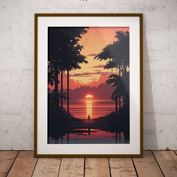 Tropical Sunset Poster Pixel Art Painting Detailed Beach Lofi Aesthetic Wall Art Beautiful Anime Tropical Paradise Illustration