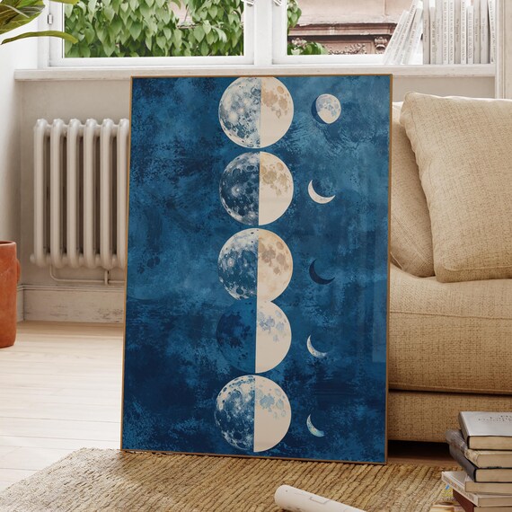 Vertical Moon Phase Chart in Navy Blue With Golden Moons Poster