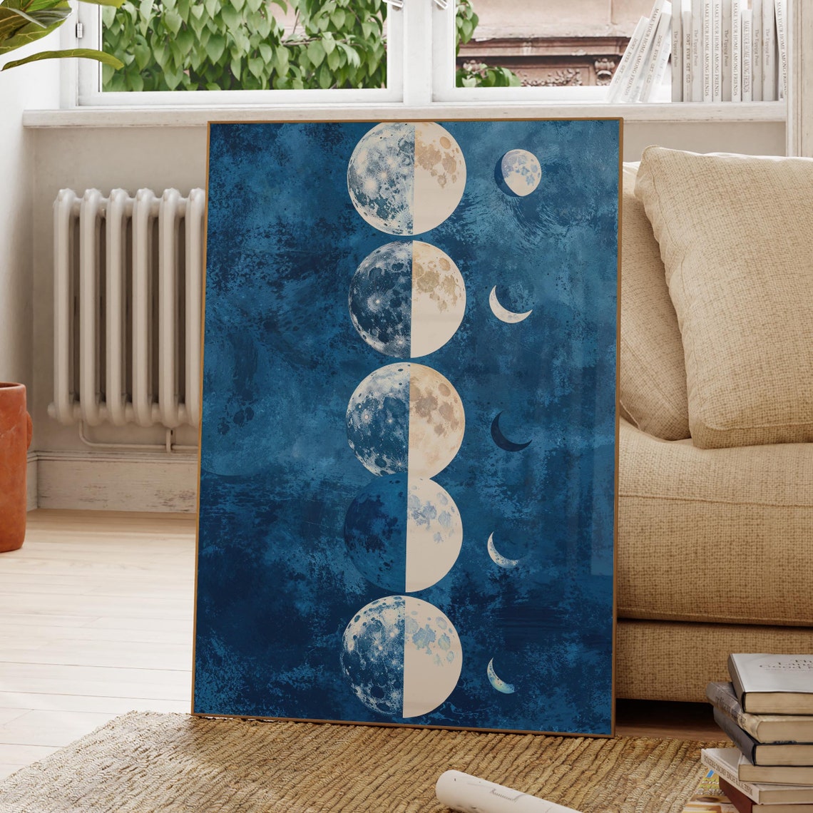 Vertical Moon Phase Chart in Navy Blue With Golden Moons Poster
