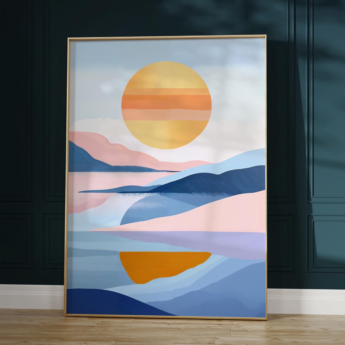 Pastel Abstract Sun Mountains Poster with Lake Reflection Minimal Art