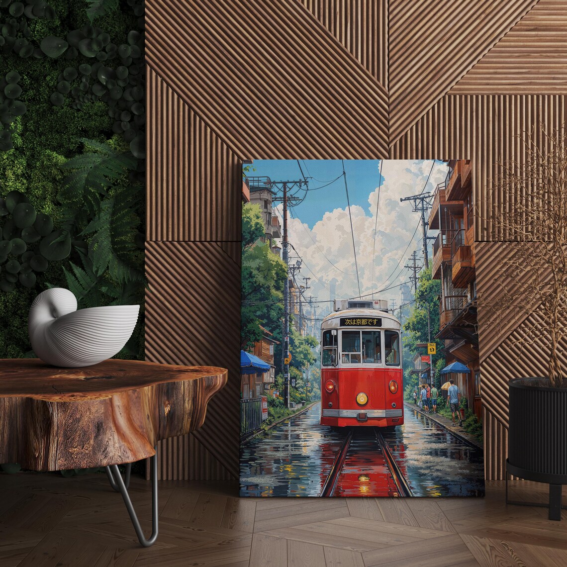 Anime Red Tram to Kyoto on a Rainy Street Under Bright Clouds Poster