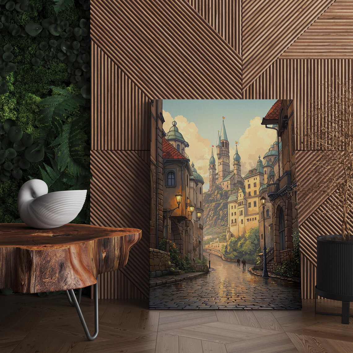 Fantasy Castle Town Poster with Cobblestone Street and Hilltop Towers
