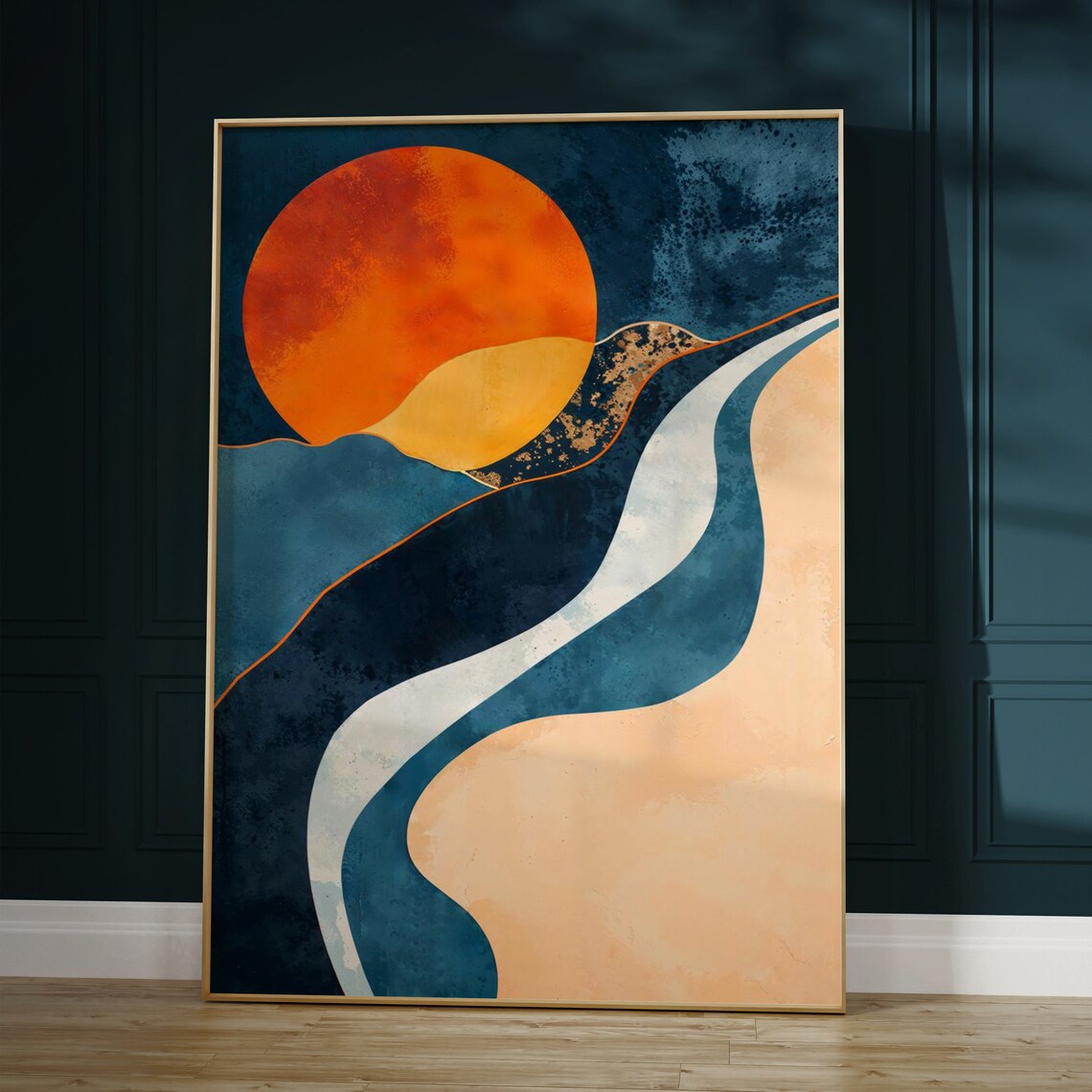 Abstract Sunset Waves Ocean Poster Navy Blue and Burnt Orange Art