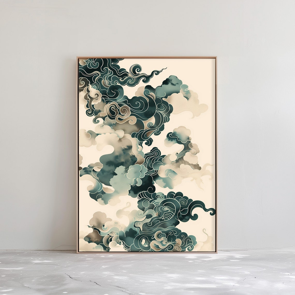Japanese Wave Cloud Teal Ink Illustration Minimalist Art Poster
