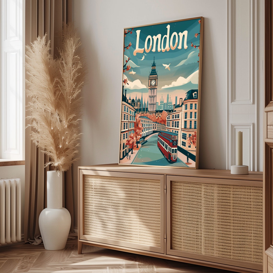 Teal London Big Ben Red Double Decker Bus Retro Travel Art Poster - Image 2