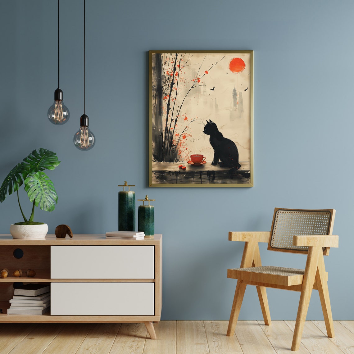 Black Cat Red Tea Cup Ink Wash Japanese Bamboo Sun Art Poster - Image 2