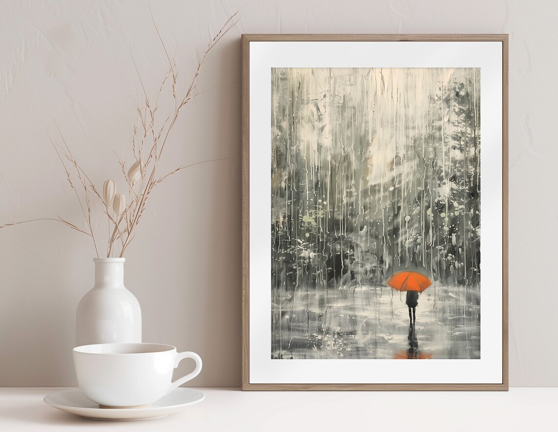 Lonely Figure Orange Umbrella Rainy Forest Impressionist Art Poster