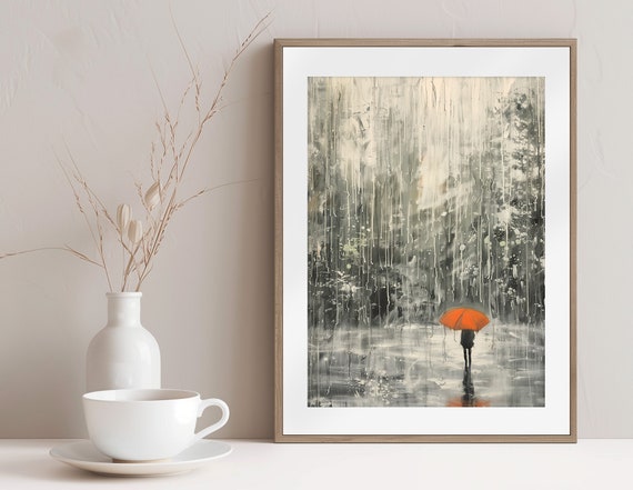 Orange Umbrella In Rainy Day Wall Art Impressionist Oil Painting