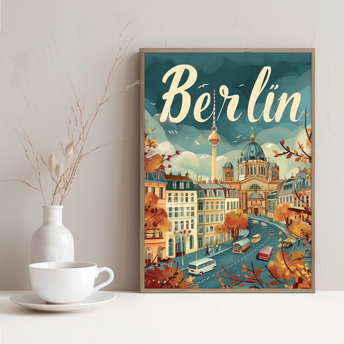 Classic Berlin Script Autumn Street TV Tower Vintage Travel Poster - Image 2