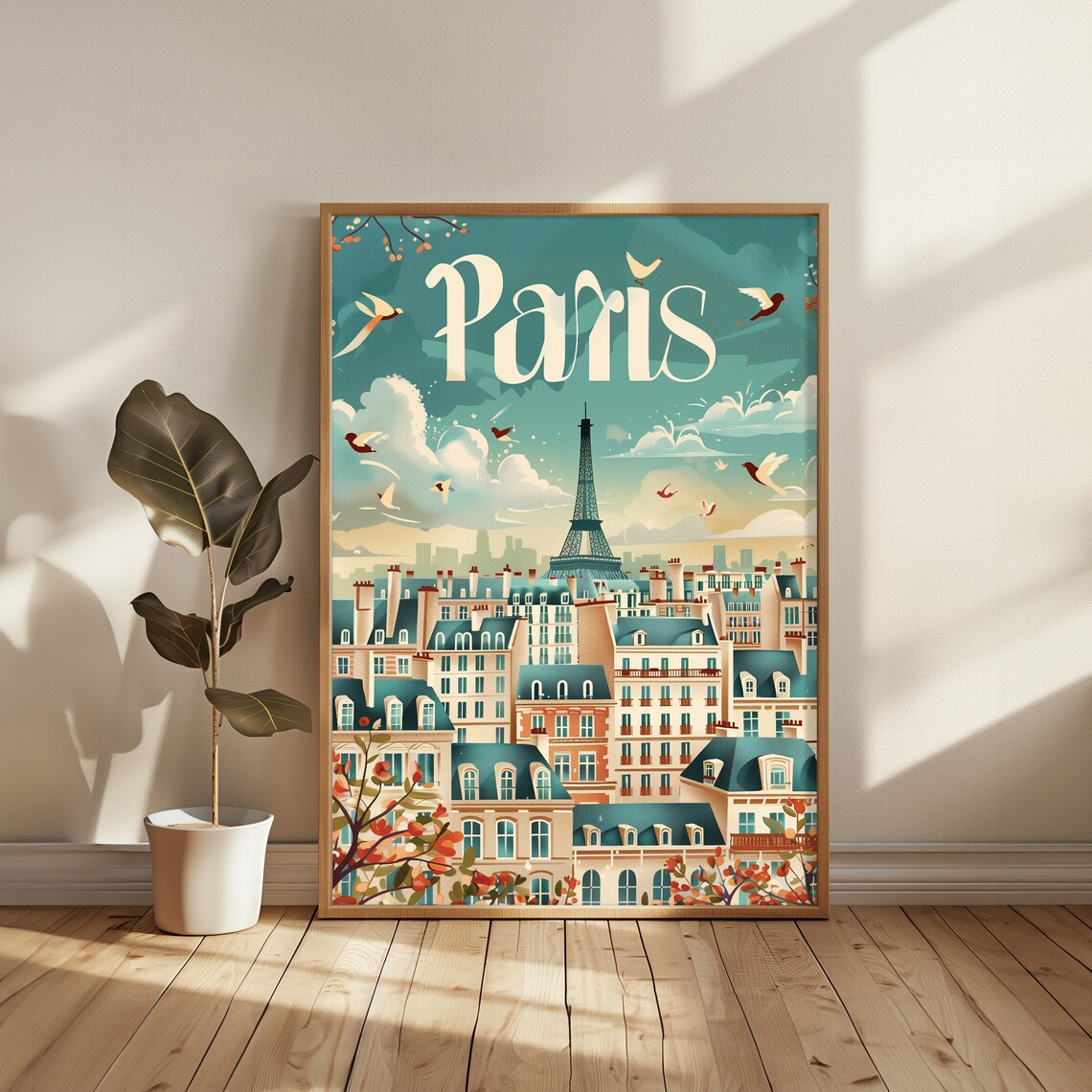 Paris France Eiffel Tower Rooftops Birds Vintage Day Travel Poster - Image 5