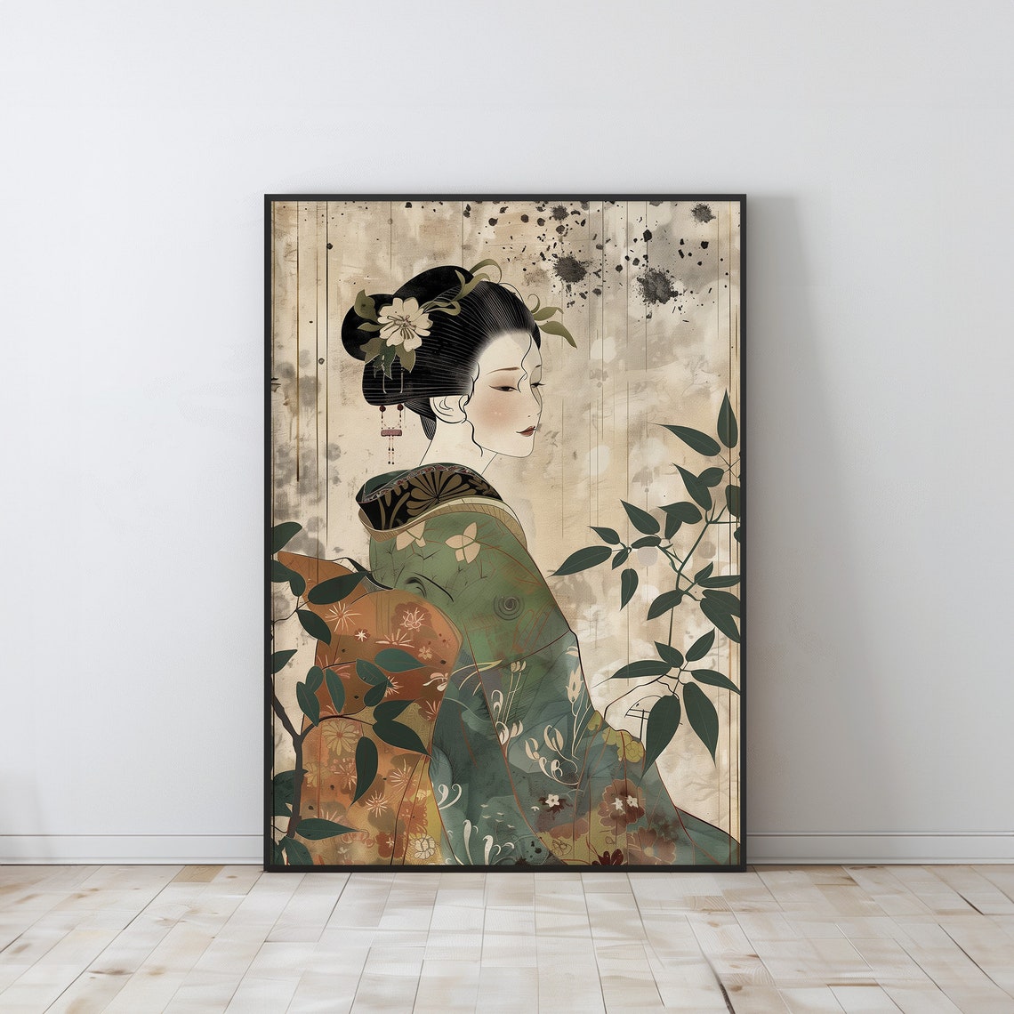 Japanese Geisha in Green Kimono Ink Wash Painting Back View Poster - Image 5
