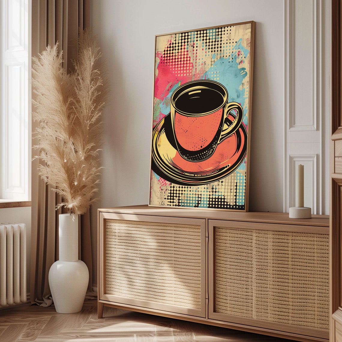 Bold Pop Art Coral Coffee Cup on Halftone Dot Background Poster - Image 5