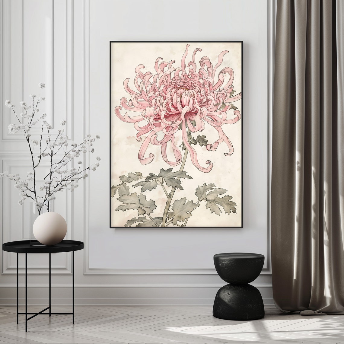 Pink Chrysanthemum Bloom Japanese Botanical Watercolor Poster - Image 4