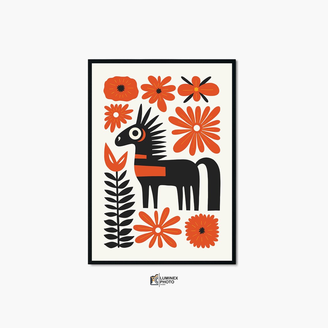 Scandinavian Folk Art Black Horse Orange Floral Nordic Poster