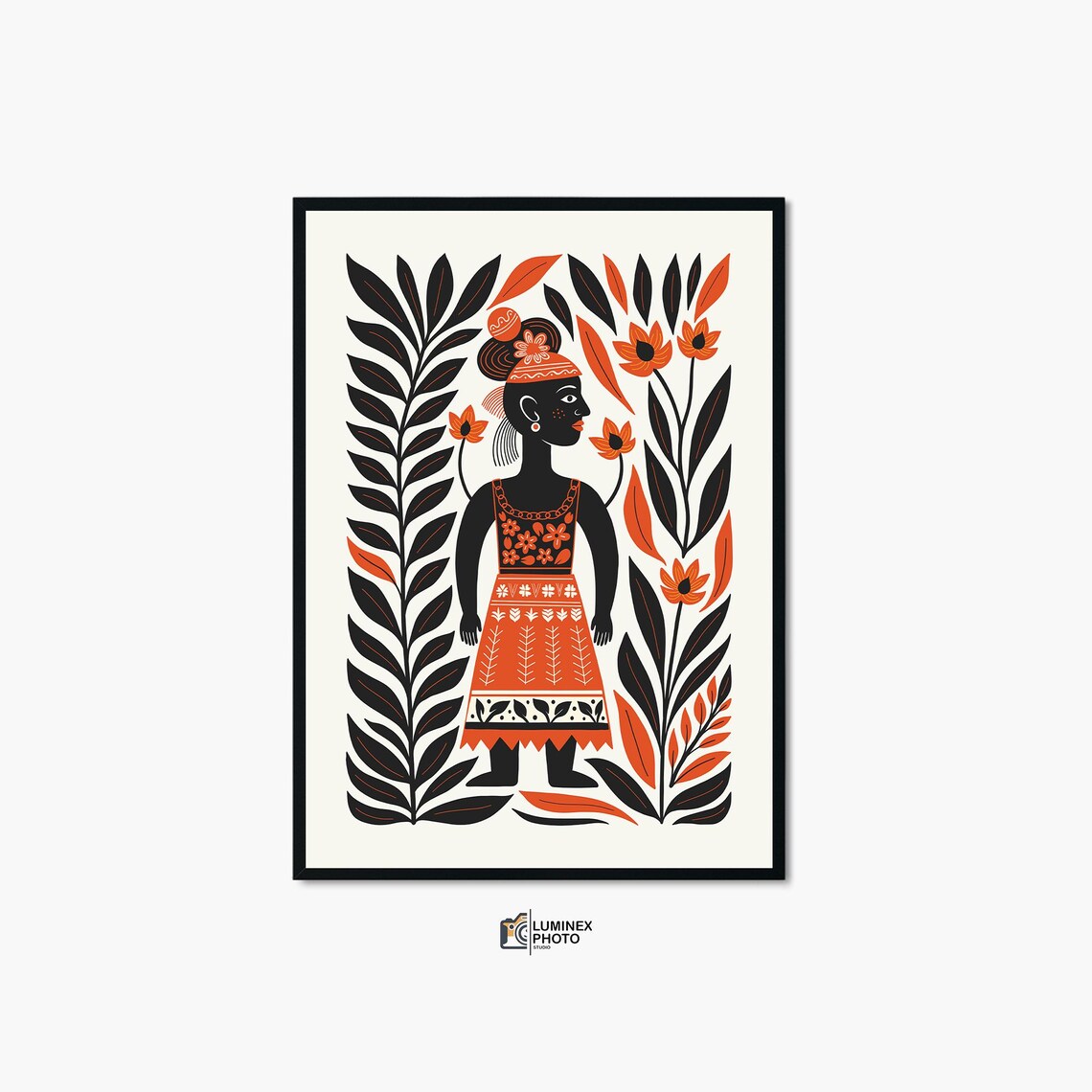 Scandinavian Folk Art Woman Floral Dress Botanical Orange Poster