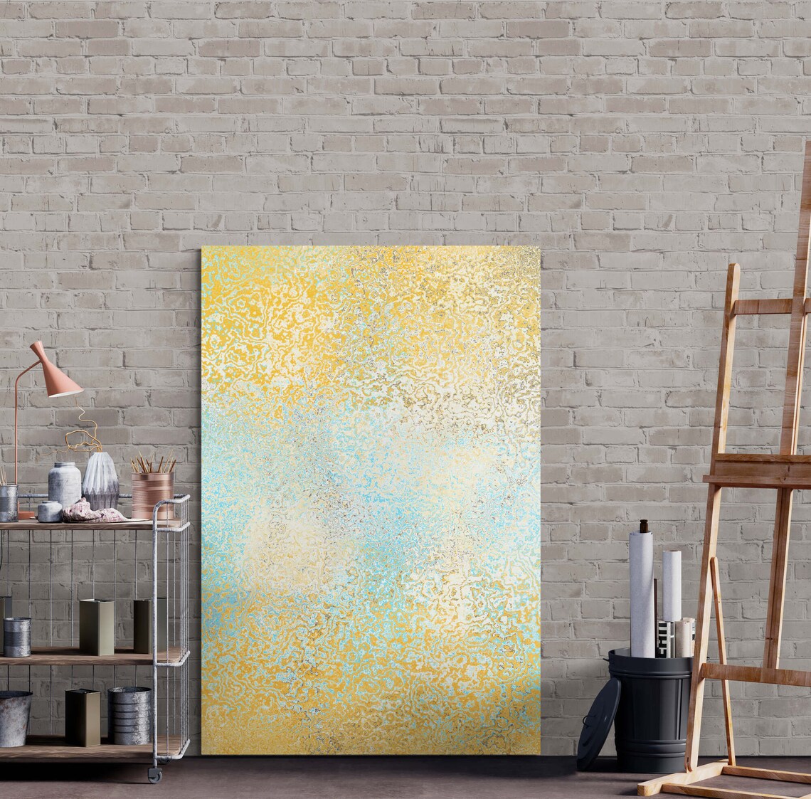 Yellow Turquoise Textured Abstract Painting Modern Art Poster - Image 3