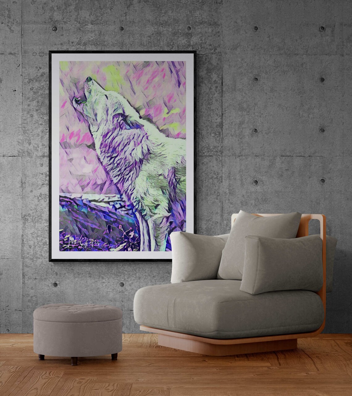 Howling White Wolf Neon Pink and Purple Pop Art Portrait Print - Image 2