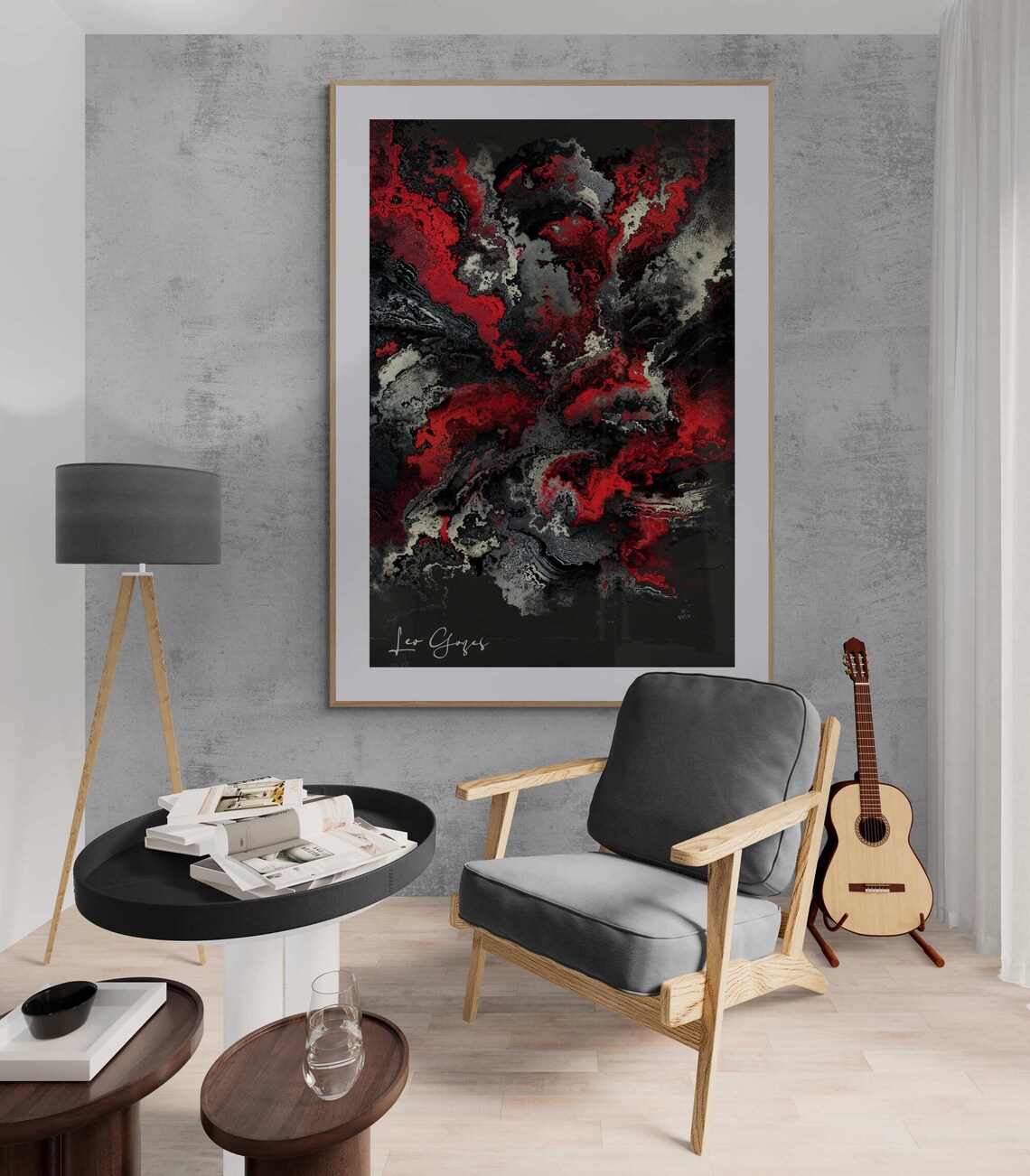 Dark Red Black and Gray Swirling Smoke Marble Abstract Art Print - Image 5