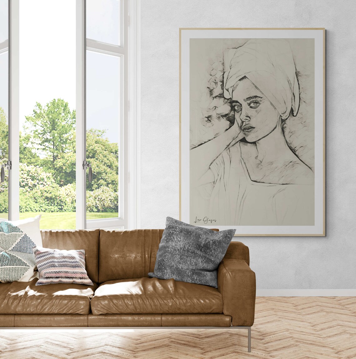 Woman With Turban Pencil Sketch Drawing Black White Art Poster - Image 2