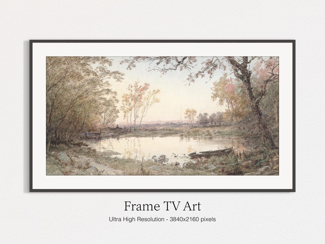 Autumn Pond Reflections Pink Amber Fall Trees Canoe Painting Poster - Image 5
