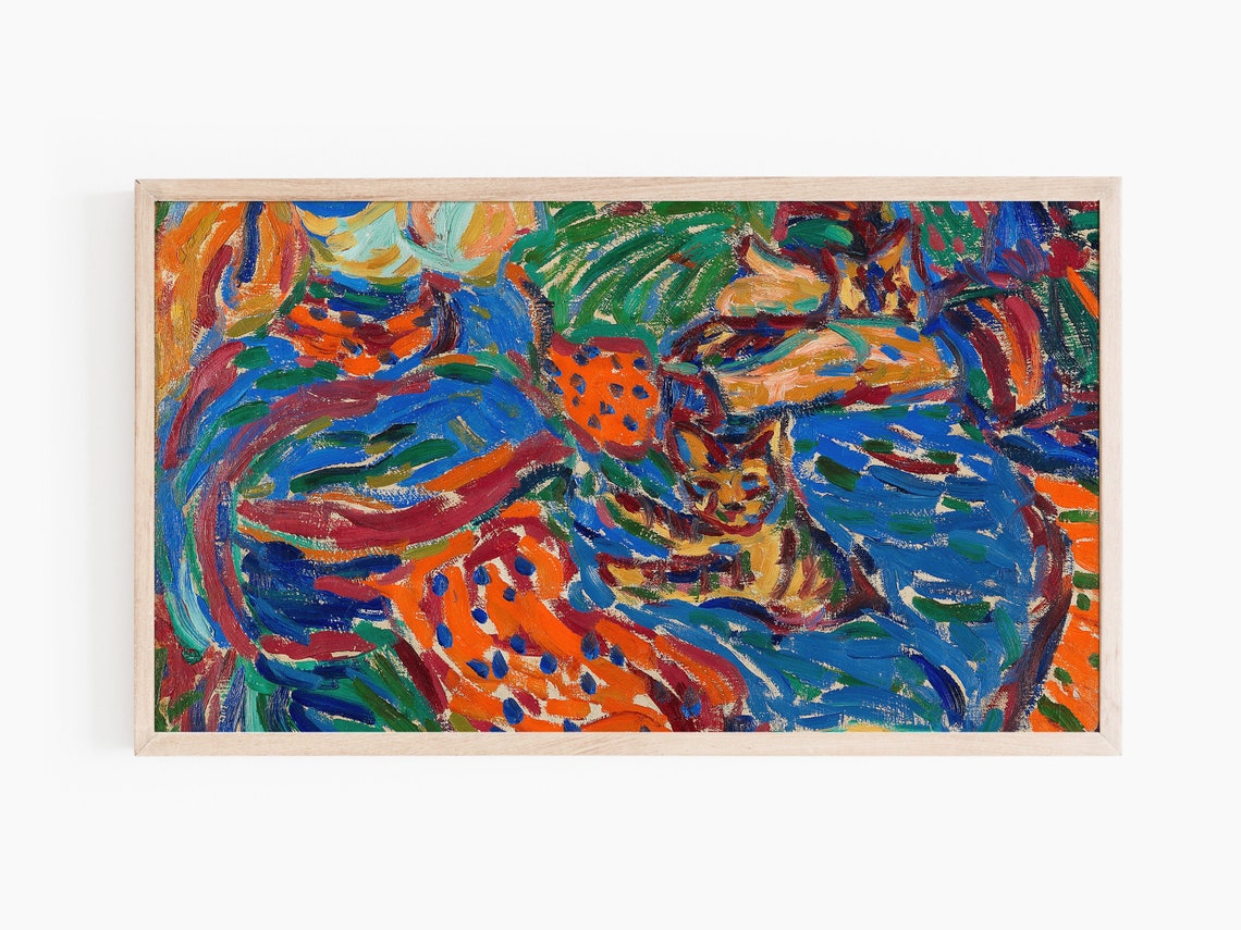 Fauvist Cat Painting Two Cats Blue Orange Swirls Wall Art Print - Image 2