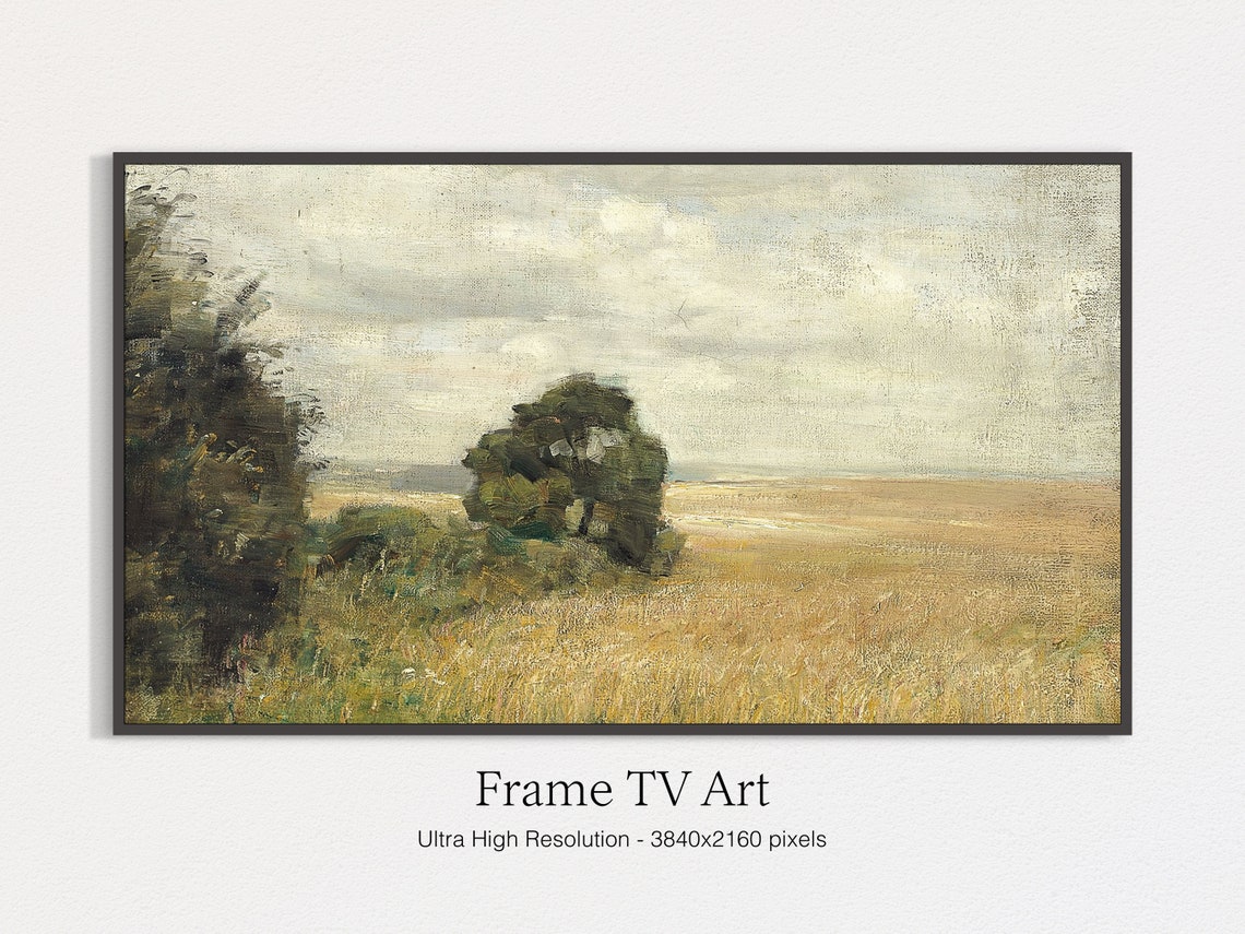 Muted Vintage Lone Tree Golden Field Cloudy Sky Landscape Print - Image 4