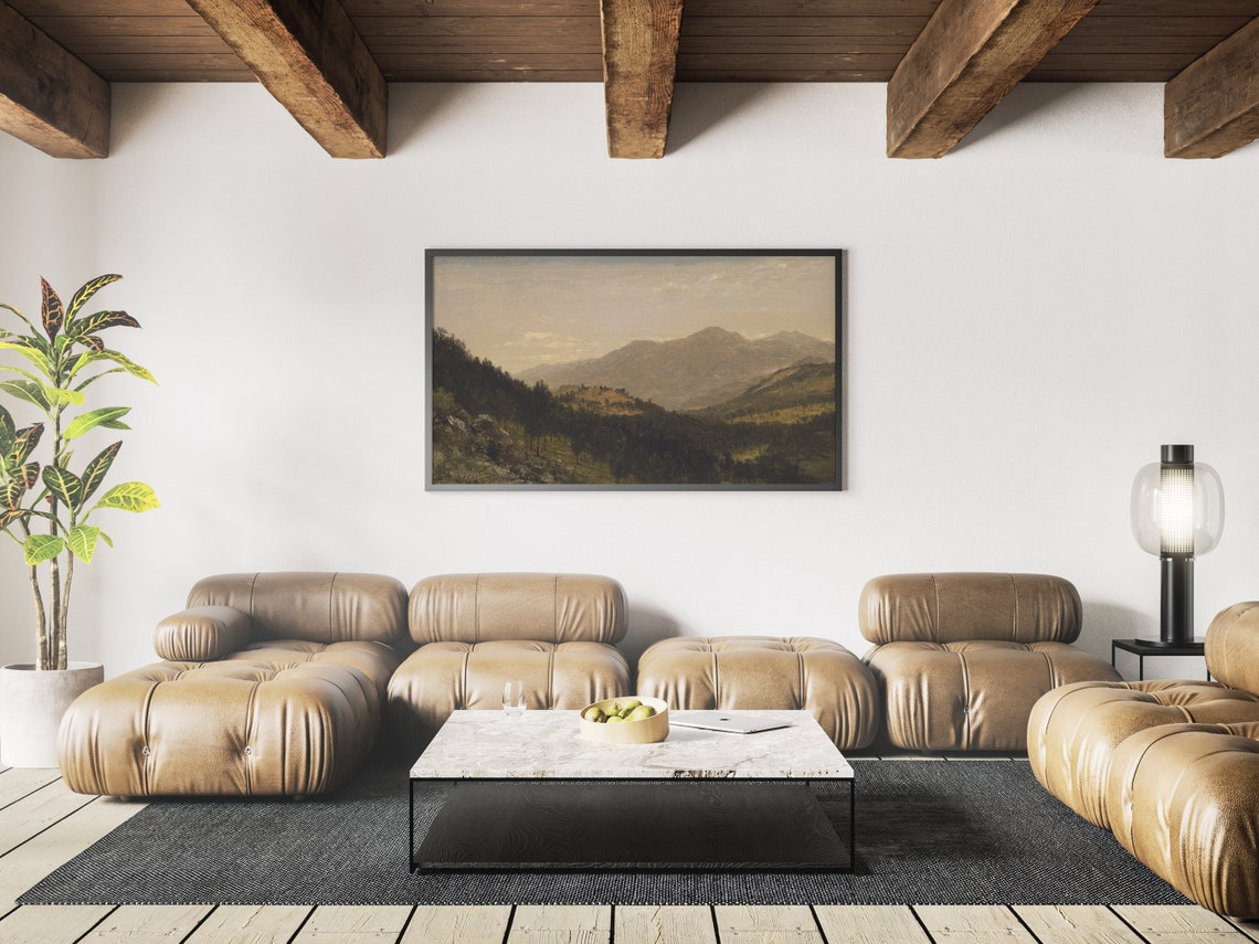 Hazy Golden Mountain Valley Vintage Oil Painting Landscape Wall Art - Image 4