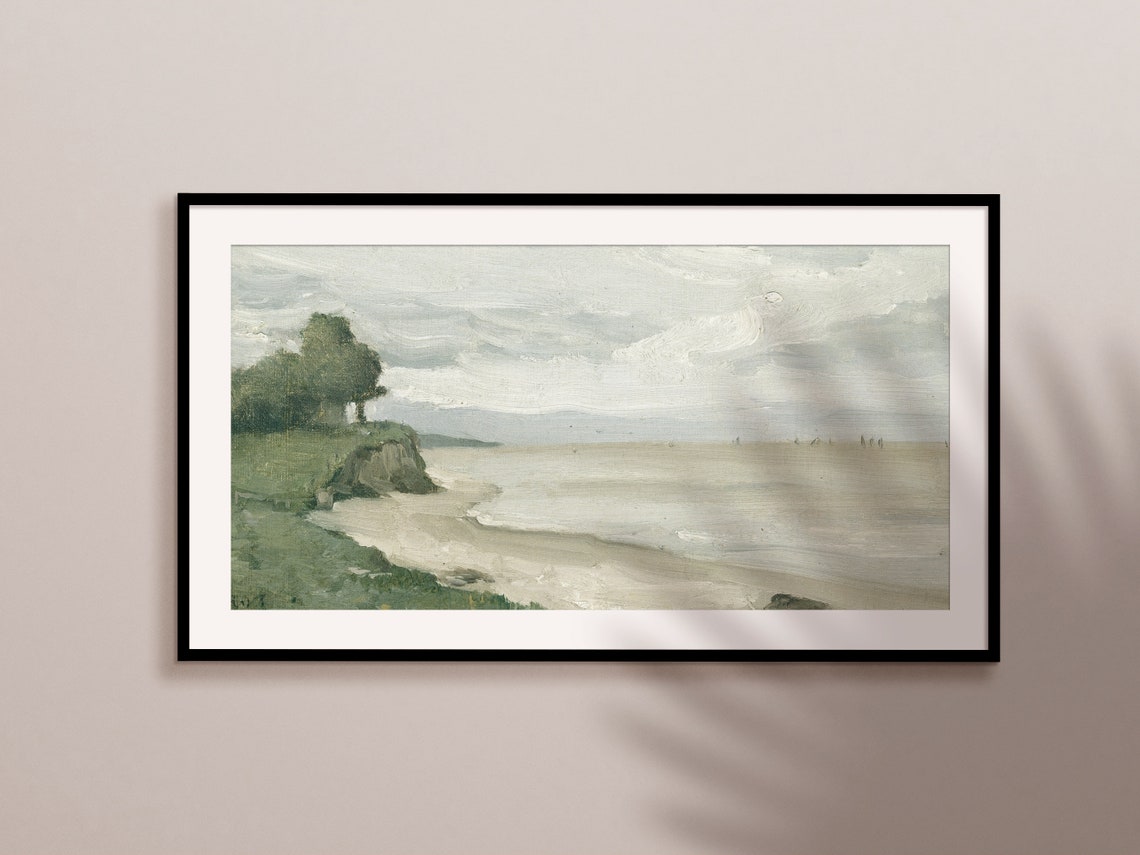 Serene Neutral Coastal Painting Green Cliffs Beach Seascape Wall Art - Image 2