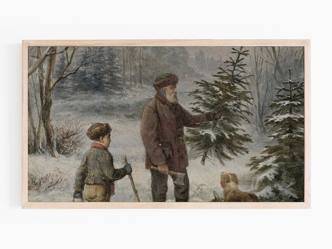 Father Child Choosing Christmas Tree Snowy Woods Vintage Print