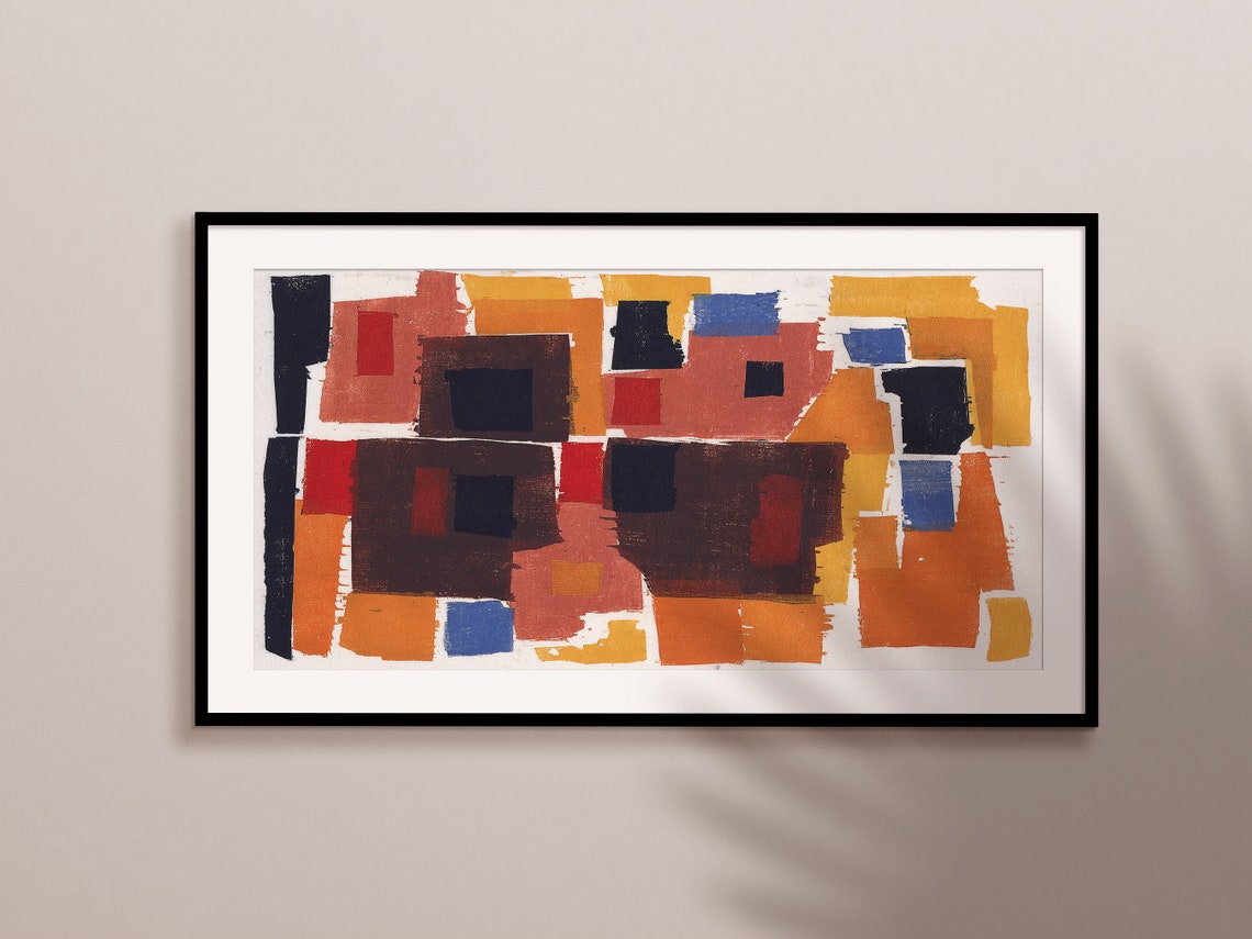 Geometric Blocks in Rust Orange and Blue Modern Abstract Art Print - Image 2