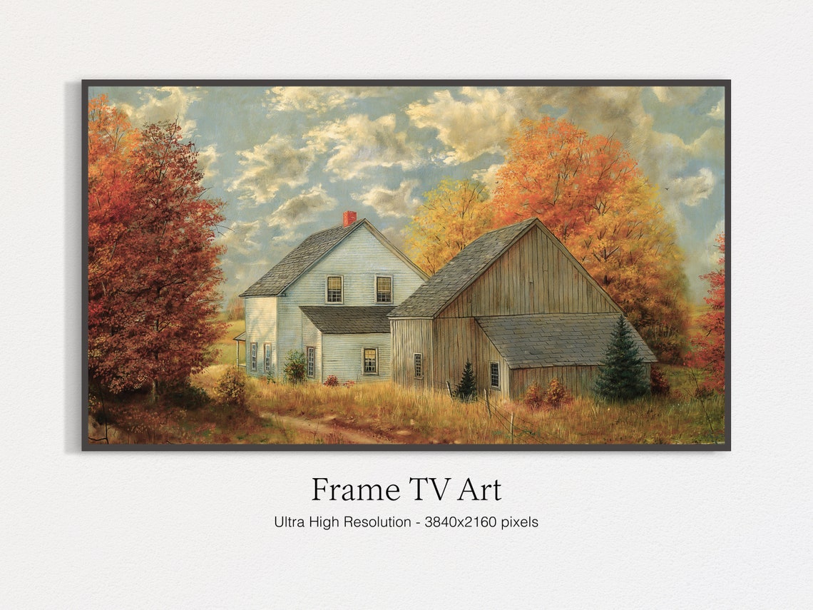 Autumn Farmhouse Barn Vintage Painting Red Golden Fall Trees Poster