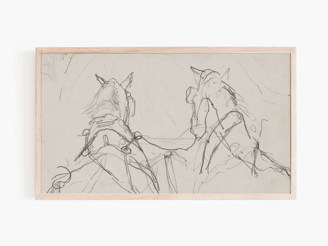 Two Harnessed Horses Minimalist Pencil Sketch Vintage Equine Art Print - Image 2