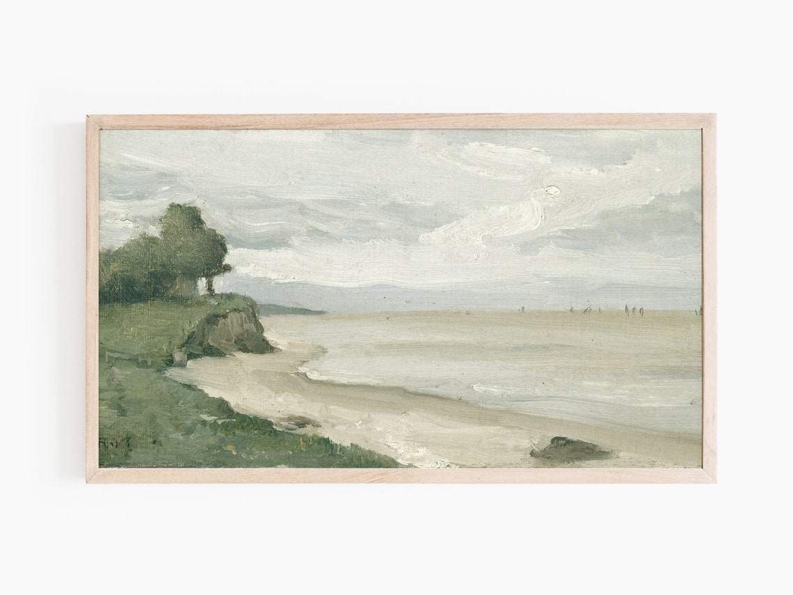 Serene Neutral Coastal Painting Green Cliffs Beach Seascape Wall Art - Image 3