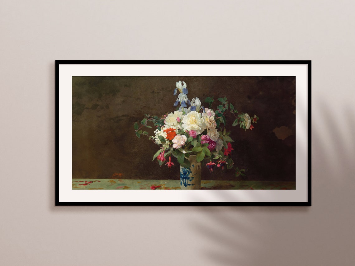 Vintage Flower Bouquet in Blue and White Vase Oil Painting Art Print - Image 2