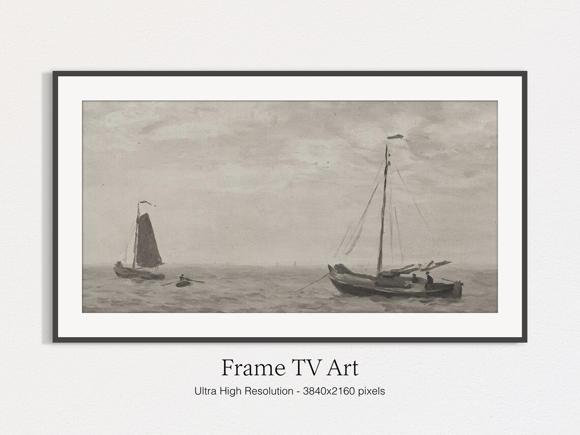 Moody Grey Seascape Sailboats On Calm Sea Vintage Marine Print - Image 4