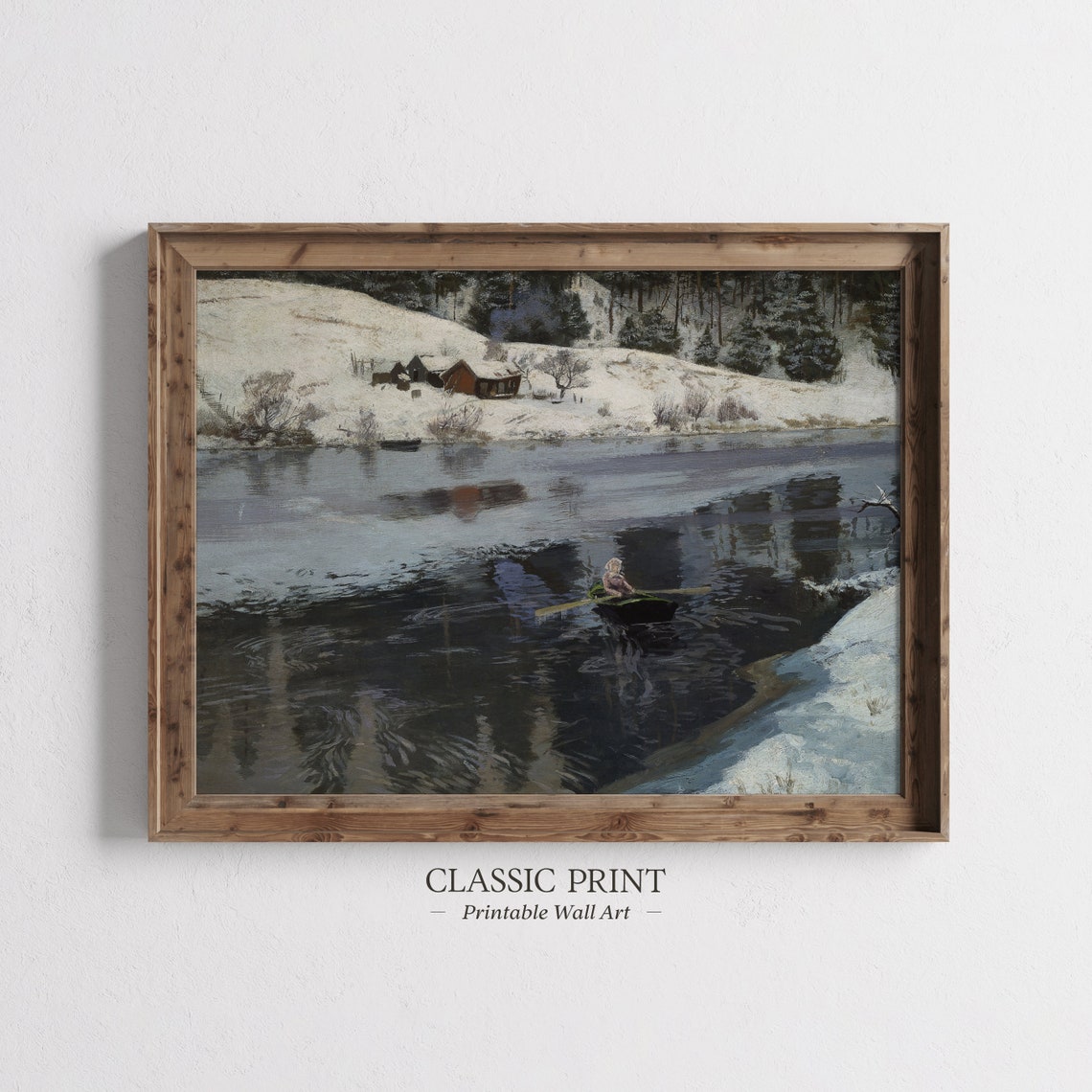 Lone Rower Winter River Snowy Cabins Vintage Landscape Print