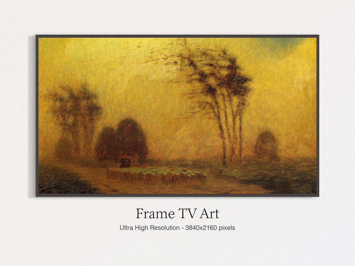 Misty Autumn Forest Trees in Gold Tonalist Vintage Oil Painting Print