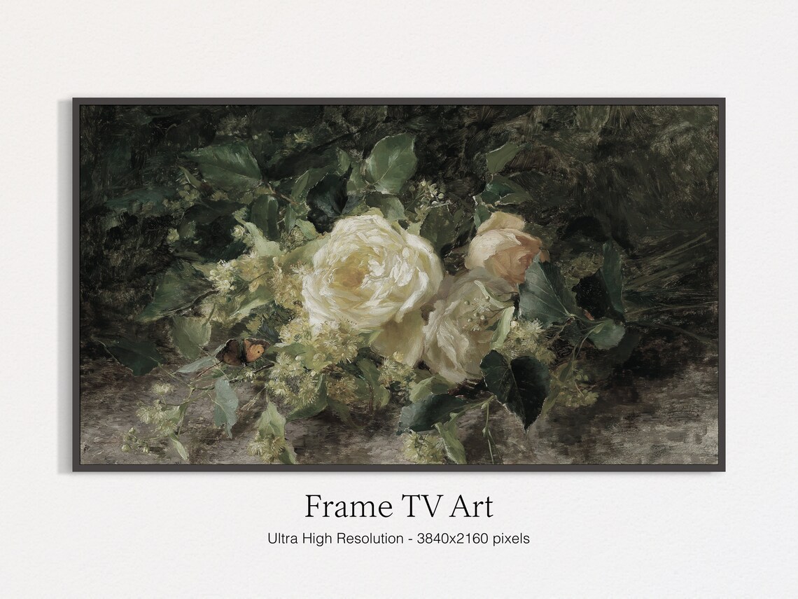 White Roses Still Life Painting Dark Moody Romantic Floral Wall Art