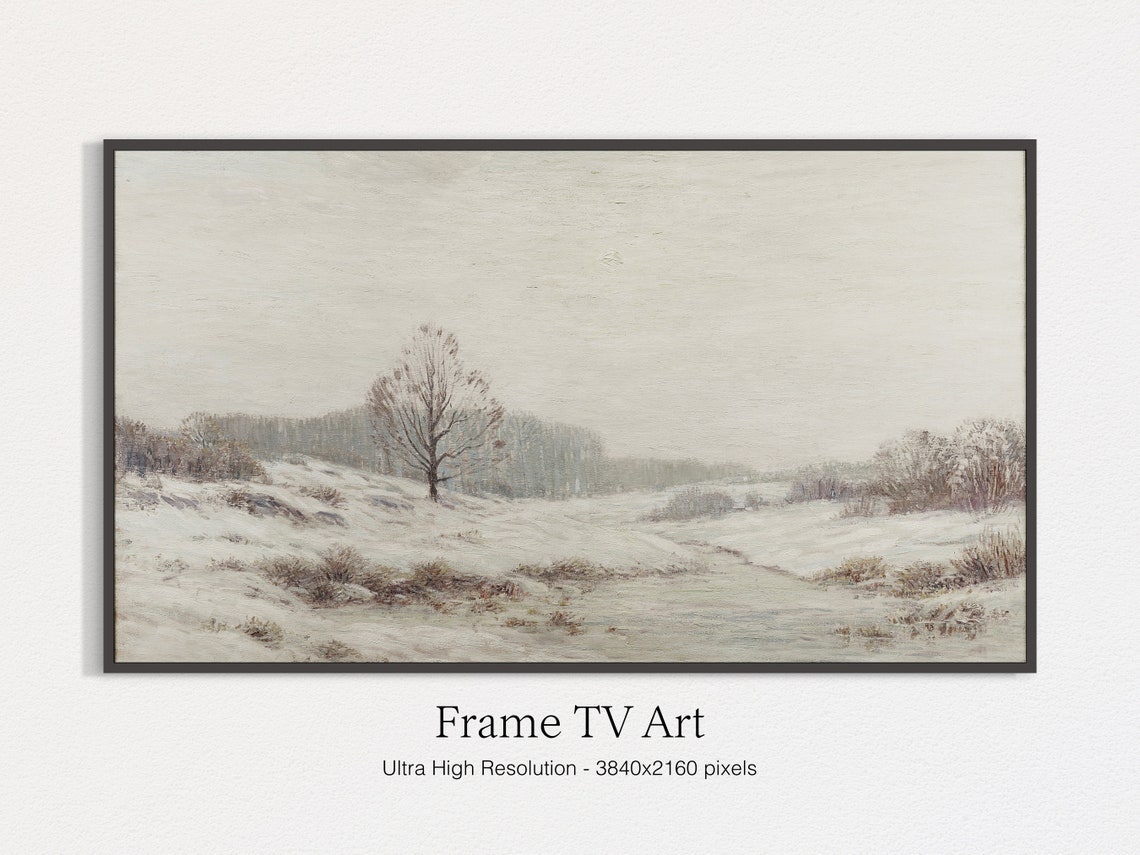 Minimal Winter Snowy Field Single Tree Pale Sky Landscape Print - Image 4