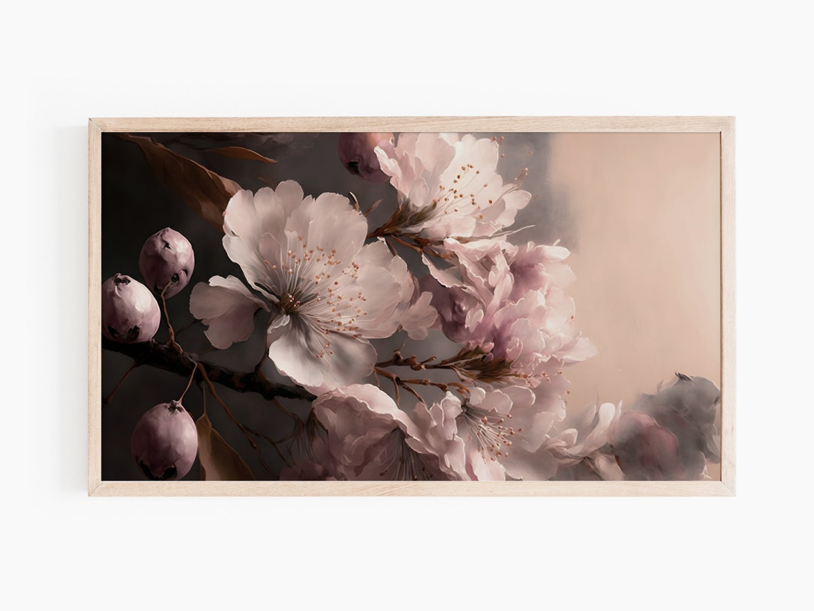 Blush Cherry Blossoms Close Up On Branch Moody Botanical Art Print - Image 3