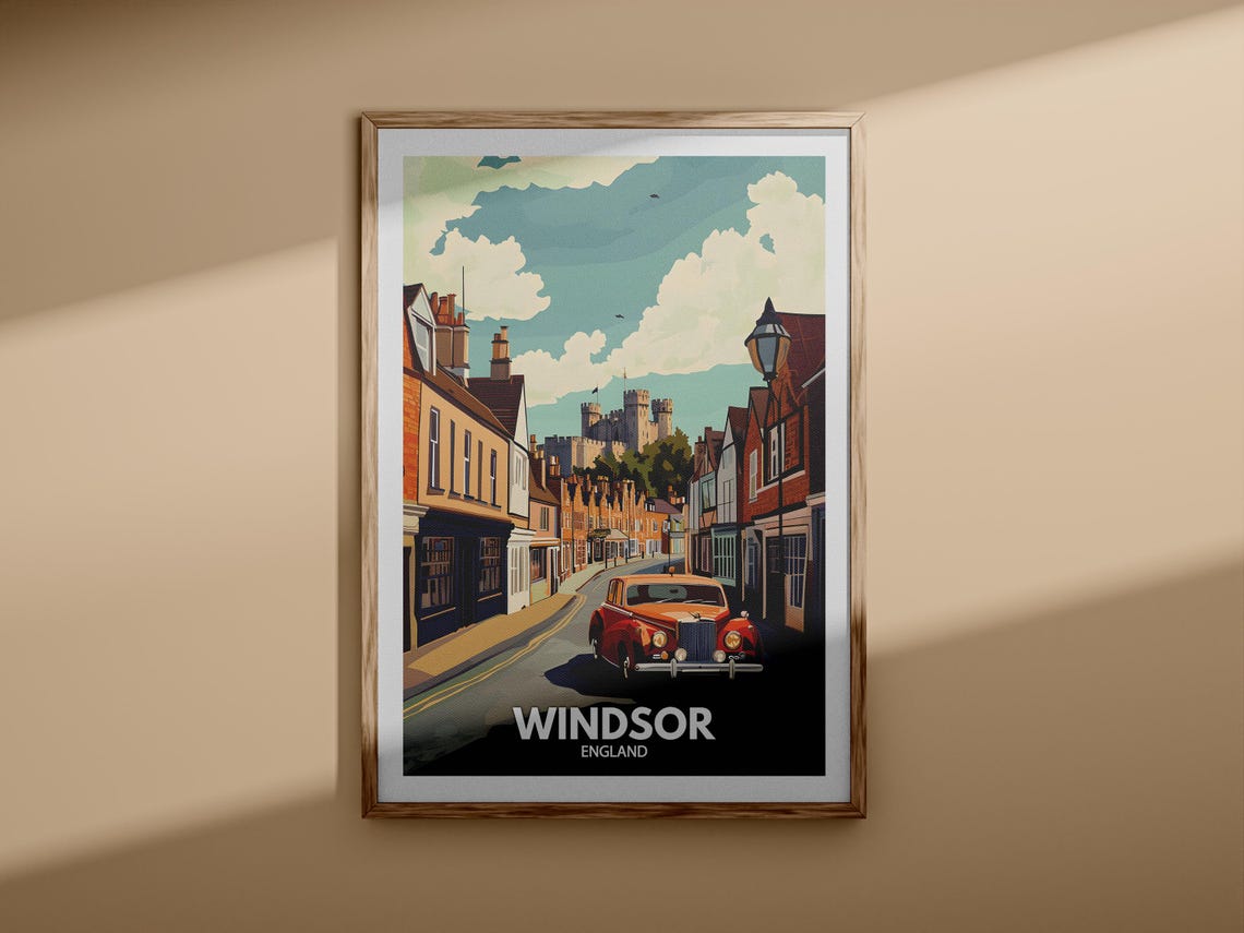 Windsor England Castle Street Vintage Classic Red Car Travel Poster - Image 3