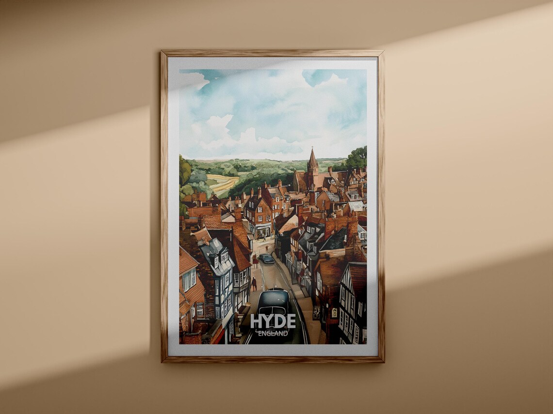 Hyde England Village High Street Church Vintage Cars Travel Art Poster - Image 3